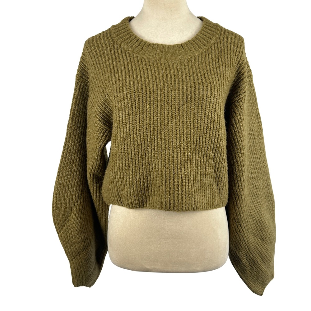 Urban Outfitters Olive Green Ribbed Cropped Balloon Sleeve Sweater Women Small P